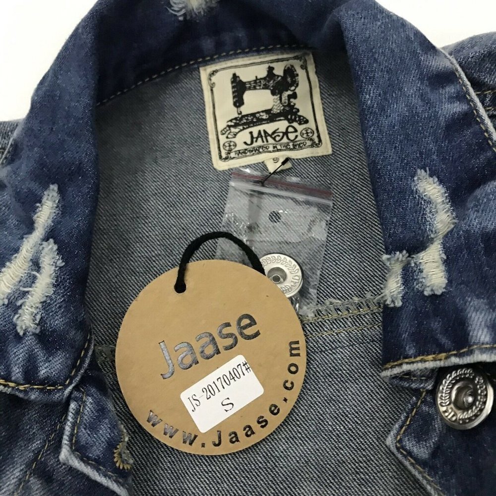 JAASE Womens S Embellished Denim Jacket Oversized NWT Back Design Distressed - Picture 6 of 8